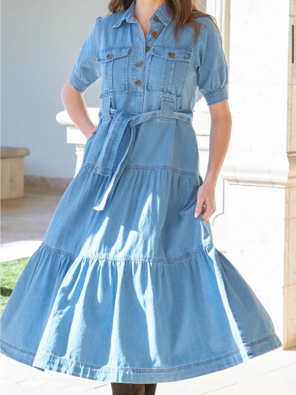 **NWT** APNY light indigo denim tiered midi shirtdress.
